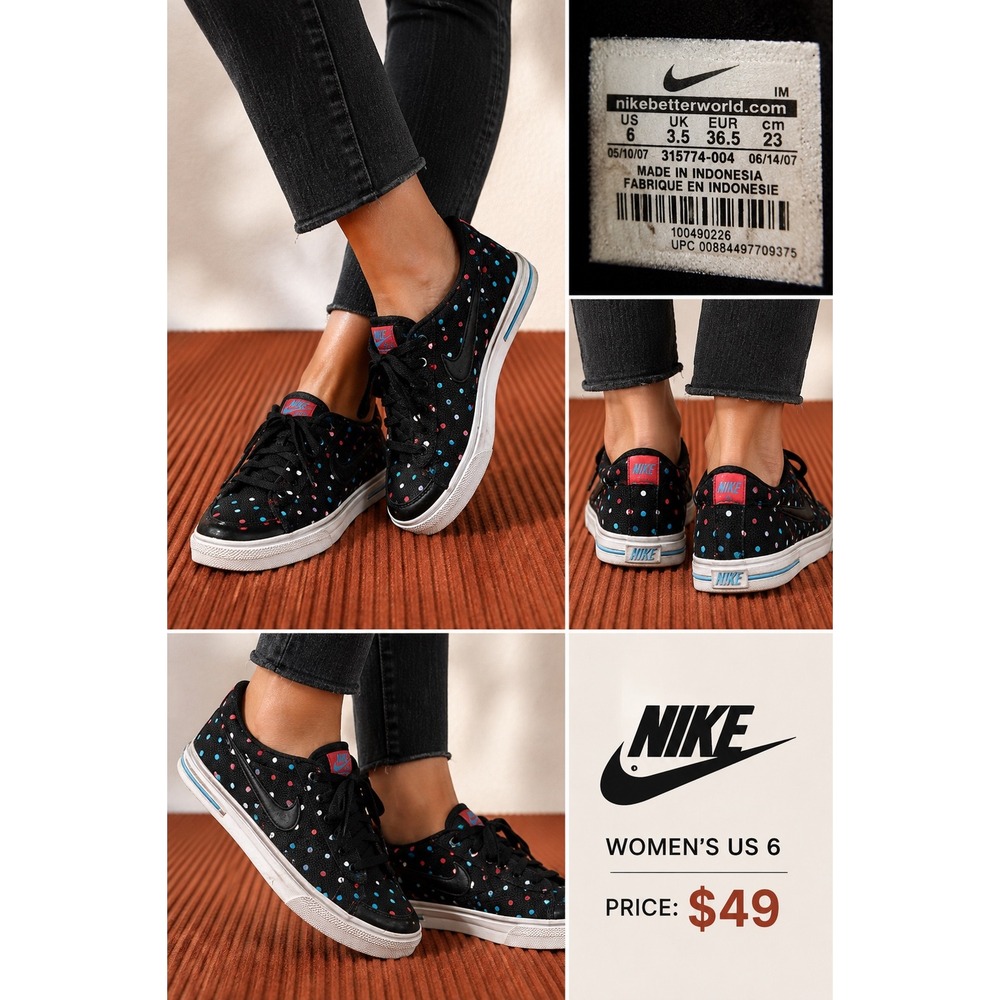 Nike Sweet Classic Low Black Polka Dot Canvas Sneakers 315774-004 Womens 6